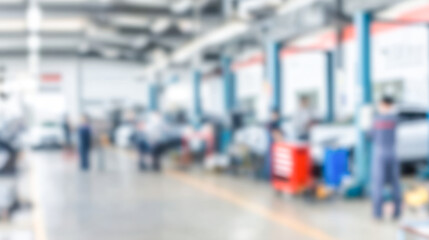 Fototapeta premium Busy car service centre with mechanics and tools in a dynamic repair environment