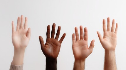 Diverse hands raised in the air showing different skin tones and hand gestures.
