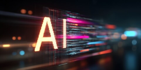 Advanced artificial intelligence concept with glowing data streams and digital effects visible on screen.
