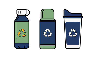 
Three reusable containers (bottle, thermos, cup) with recycling symbols. Eco-friendly, sustainable living, zero waste concept.