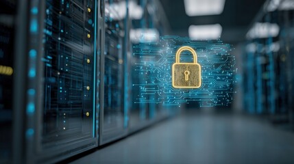 Modern digital security concept with glowing lock symbol in data center environment.
