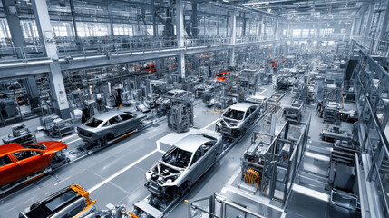 Fototapeta premium Car factory interior showing assembly line with vehicles under construction