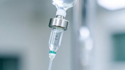 Close-up view of clear medical intravenous IV drip in a hospital setting with sterile environment