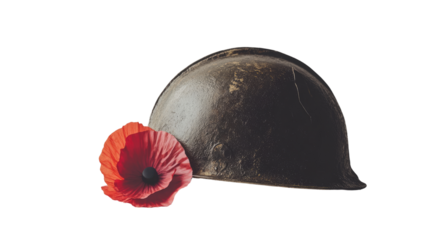 A World War II helmet with a red poppy