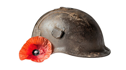 A World War II helmet with a red poppy