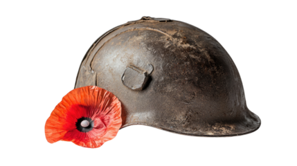 A World War II helmet with a red poppy