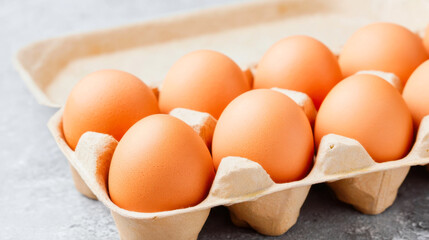 Fresh organic brown chicken eggs in a rustic cardboard tray with natural lighting