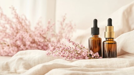 Amber glass dropper bottles sit atop a bed of linen fabric with delicate pink flowers.