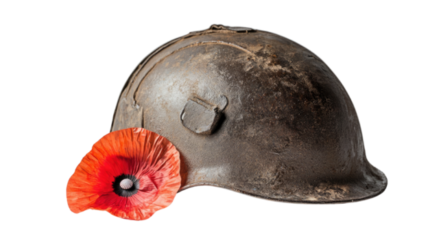 A World War II helmet with a red poppy