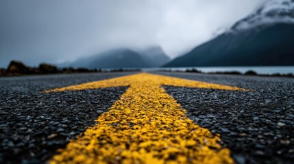 Wide asphalt road with yellow dividing line scenic mountain landscape in background.