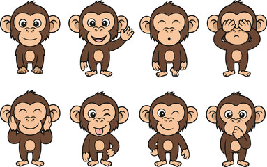 vector illustration of chimpanzee monkey orangutans primal funny cute cartoon mascot character cartoon with 8 poses 