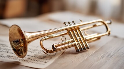 Obraz premium Close up of a shiny brass trumpet lying on sheet music on wooden table in living room.