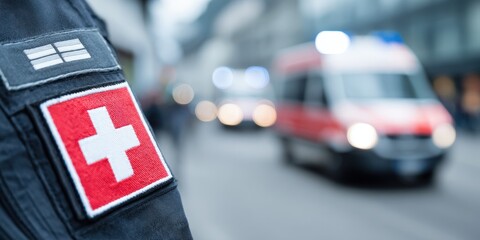 Emergency medical services worker uniform patch with ambulance on city street background.