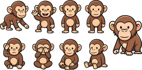 vector illustration of chimpanzee monkey orangutans primal funny cute cartoon mascot character cartoon with 9 poses  © weng