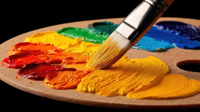 Close-up of colorful acrylic paints on a wooden palette with a paintbrush for artwork.
