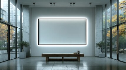 Fototapeta premium Modern minimalist gallery space with illuminated artwork and city view