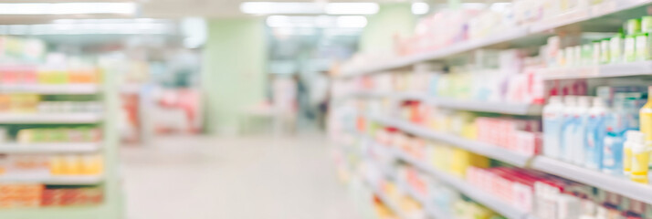 Rows of medication and healthcare items fill the shelves of a pharmacy drugstore
