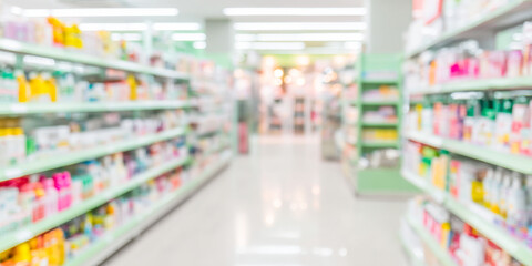 Exploring the interior of a pharmacy drugstore with blurred medication shelves and soft lighting
