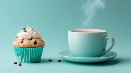 Beautiful close-up of a steaming hot beverage in a ceramic cup with a tasty cupcake on blue background.