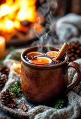 Mulled wine served in rustic ceramic mug
