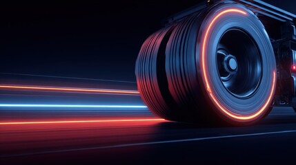Futuristic high speed tire wheel with glowing neon lights and dynamic motion blur.