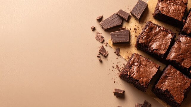 Delicious chocolate cake with rich frosting cut into squares and scattered crumbs.