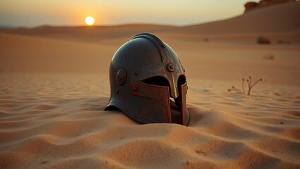 a knight's helmet is in the desert