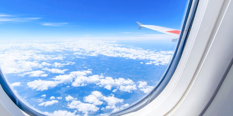 View from airplane window showcasing serene blue sky and fluffy white clouds at high altitude