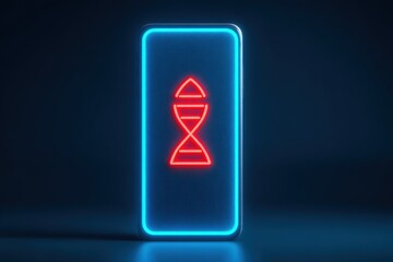 Neon technology smartphone with DNA strand icon in vibrant glowing red and blue.