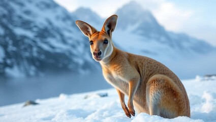 a kangaroo is in a cold expanse of snow