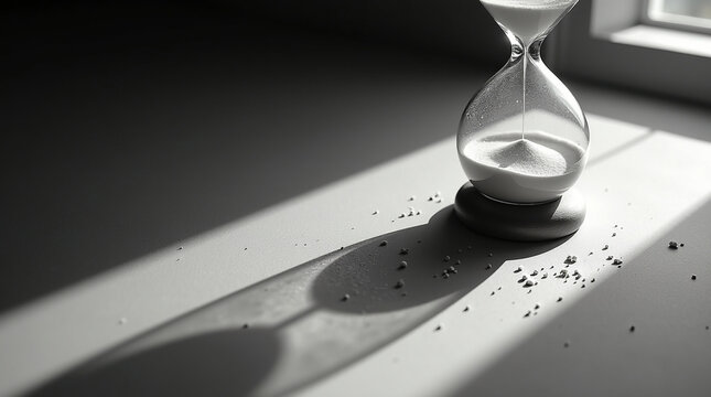 A vintage hourglass with white sand casts a long shadow in the sunlight, symbolizing the passage of time in a black and white still life - Powered by Adobe