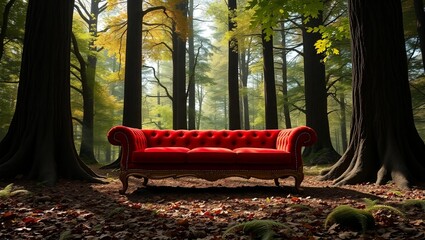 a red sofa is in the middle of a dense forest