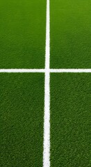 Fototapeta premium a green grass field with a thick white line running horizontally across the center. wallpaper, Thick horizontal white painted line is running across green grass turf in flat vector illustration