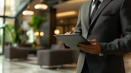 Professional business worker man in suit holding tablet in stylish office lobby. Modern work space. Focused person, contemporary job. Corporate life, technology, professionalism. Assistant guy. - Powered by Adobe