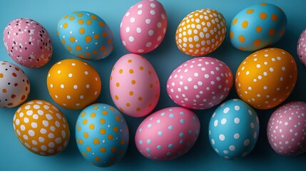Fototapeta premium Minimalist Easter Background with Decorated Eggs and Polka Dot Pattern