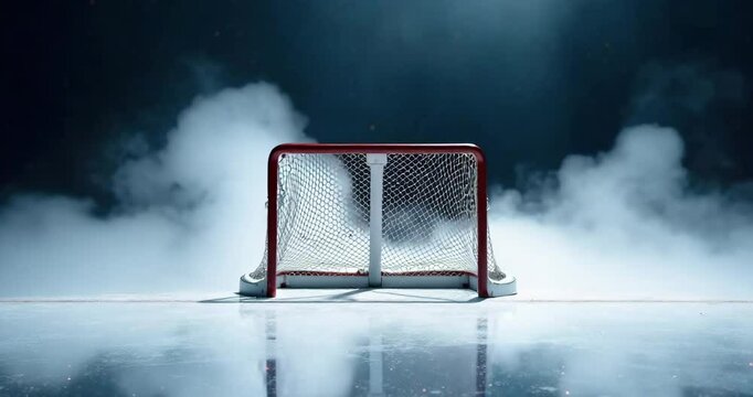 Hockey ice rink sport arena empty field stadium with Red hockey goal with smoke or steam on dark black background. Front view from ice. mockup with copy space. banner 4K.