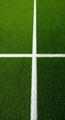 Obraz premium a well-maintained green grass field with a thick white line running horizontally across the center. wallpaper, Thick horizontal white painted line is running across green grass turf in flat vector