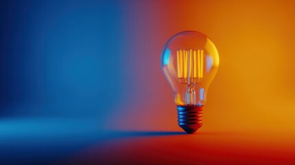 A glowing incandescent light bulb with a classic filament on colorful background.