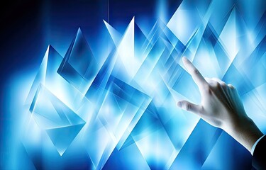 Hand interacts with abstract, glowing, blue, geometric interface