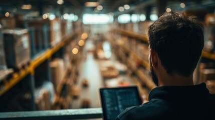 Young man working on a tablet in a large warehouse or distribution center with shelves filled with cardboard boxes and products.