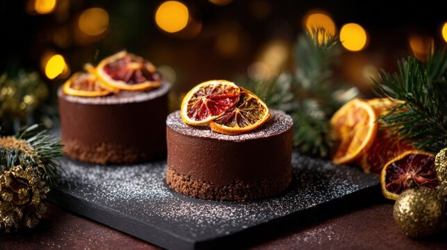 Elegant chocolate desserts with dried citrus slices on festive holiday dark background.