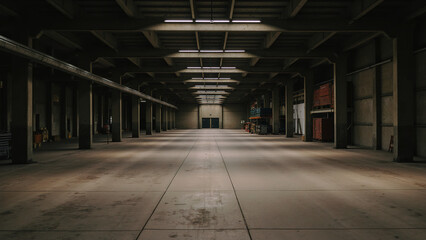 Fototapeta premium Spacious Industrial Warehouse Interior with High Ceilings