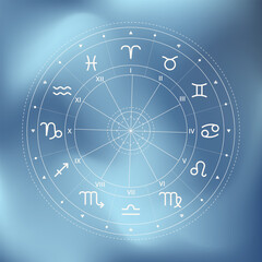 Zodiac wheel illustration. Magic map. Horoscop infographic. Vector illustration on blue mesh gradient