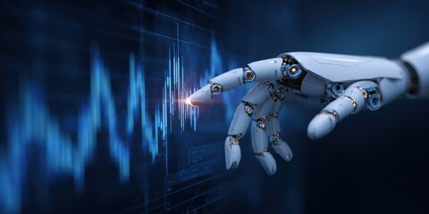 Highly detailed futuristic robotic hand interacting with digital stock market graph data.