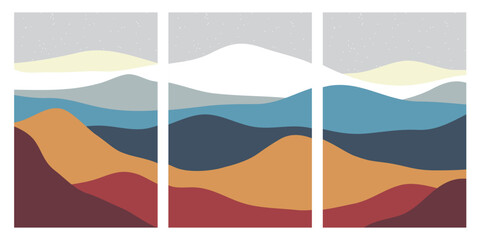 Set of creative abstract mountain landscape and mountain range backgrounds.Mid century modern vector illustrations with hand drawn mountains,sea or lake,sky,sun and moon.Trendy