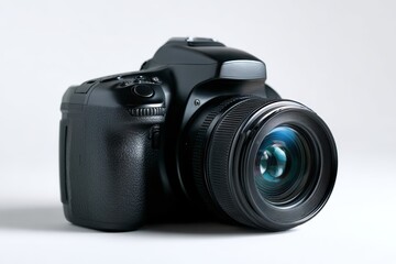 Black DSLR camera body without lens placed on white