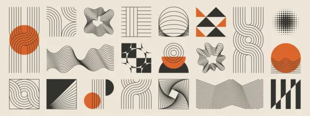 Fototapeten Abstract minimal element mid century vector set. Aesthetic contemporary stripe line art, vintage geometric shape,halftone in monochrome and orange. Atomic age Art form design for wall art, decoration. © TWINS DESIGN STUDIO