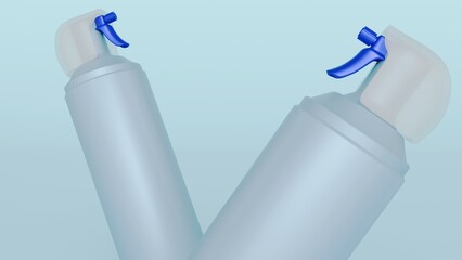 A 3d rendering of cylindrical bottle of an air duster, with no labels or prominent branding visible. A white spray nozzle with a distinct blue trigger mechanism.