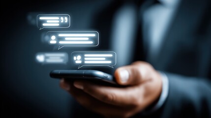 Close-up of a person holding a smartphone with digital chat bubbles floating in the air.