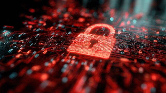 High technology digital security lock icon on circuit board background with glowing lights. - Powered by Adobe